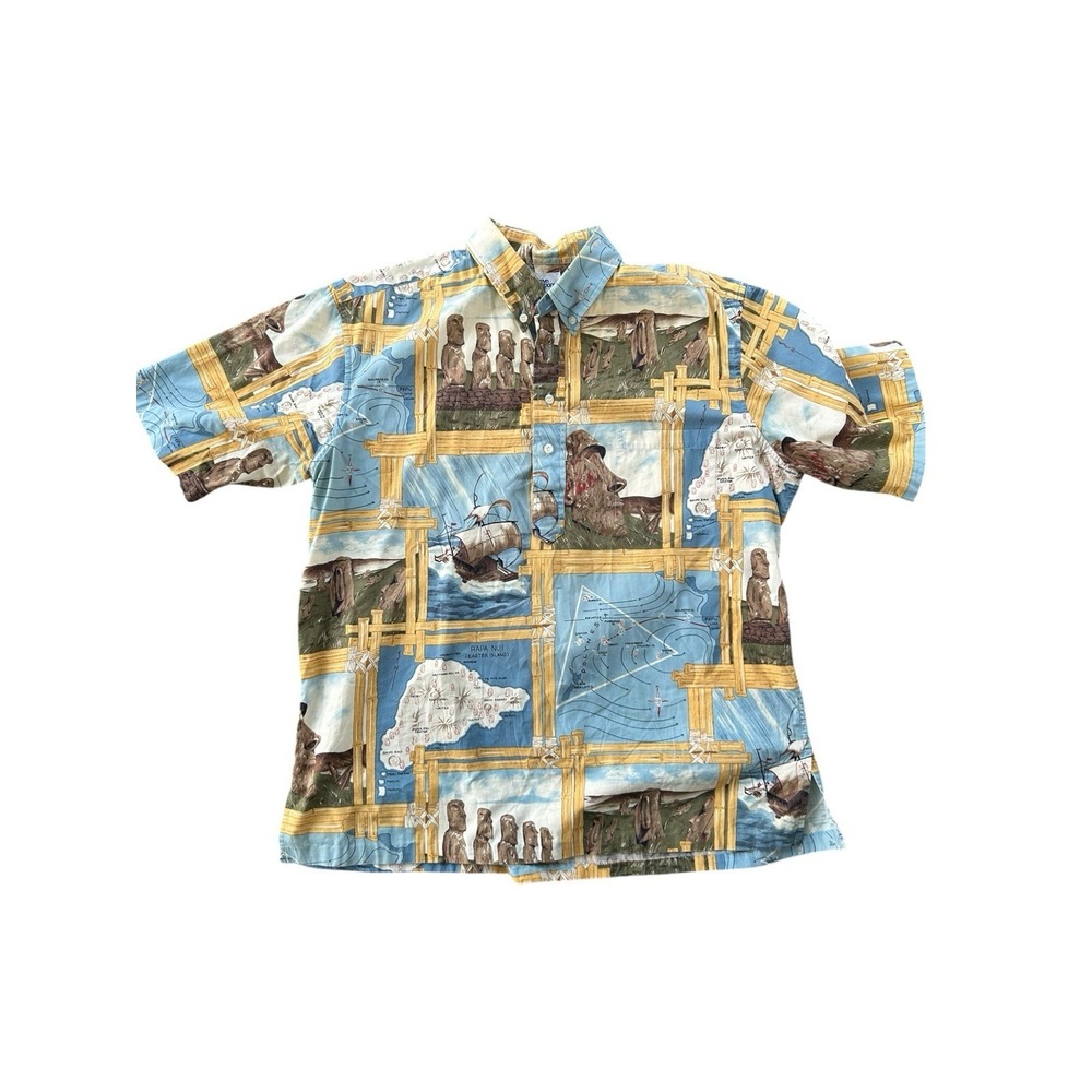 Vintage Reyn Spooner Hawaiian Shirt Men's XL Tropical Easter Island 1/4 Button